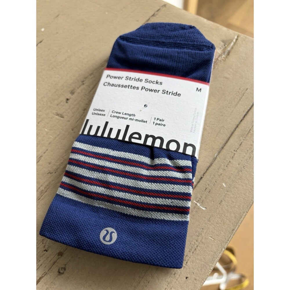 NWT Lululemon Power Stride Crew Socks M Blue Striped Cushioned Breathable $18